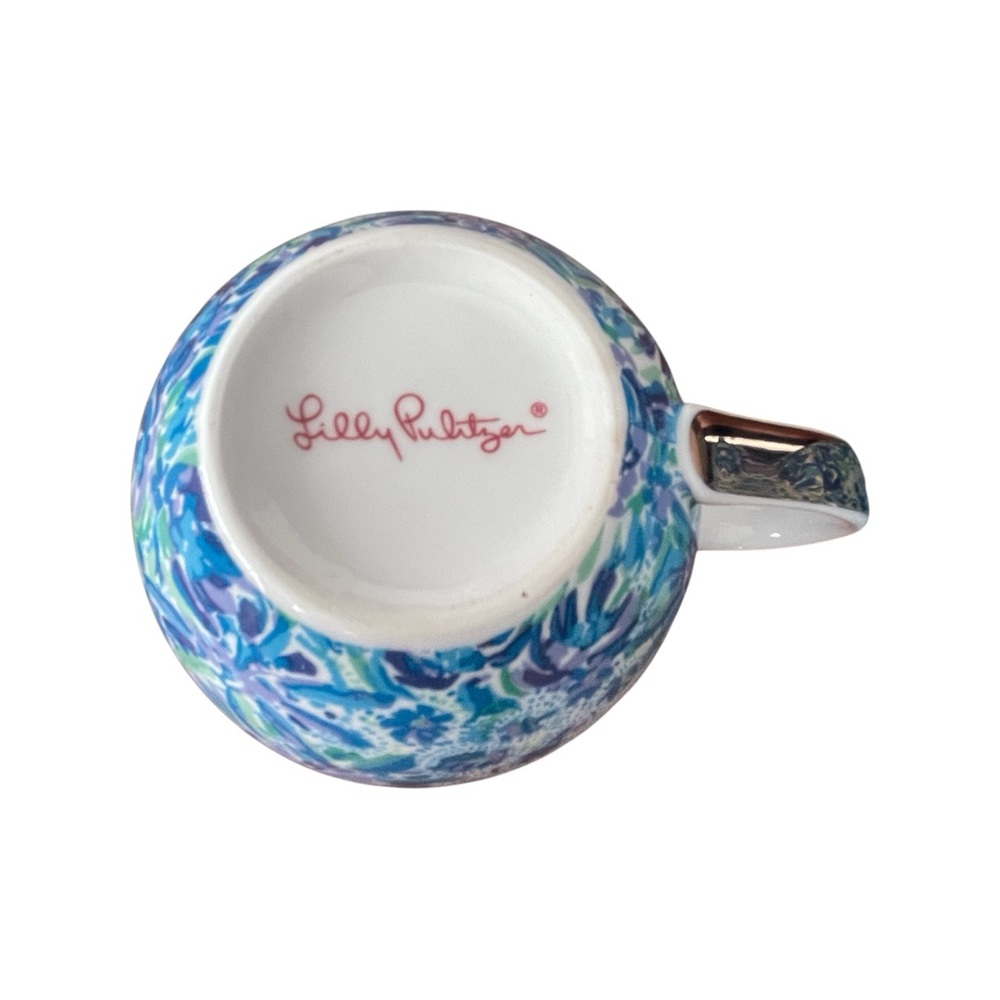 Lilly Pulitzer Mugs 2 Cups Blue White Floral Gold Logo Ceramic Coffee Tea Gifts - Picture 9 of 11